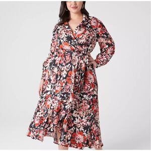 Lane Bryant Blouson-Sleeve Shawl-Collar Faux-Wrap Midi Dress Ikat Floral NWT 18